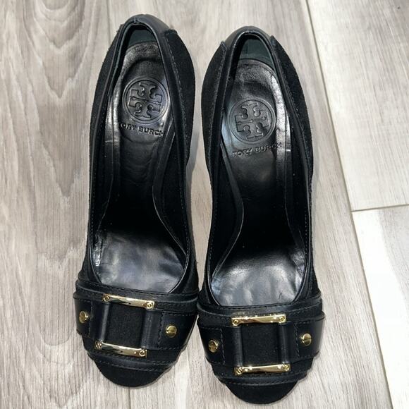 Tory Burch Meredith leather suede buckle wedges size 7 - Picture 2 of 8